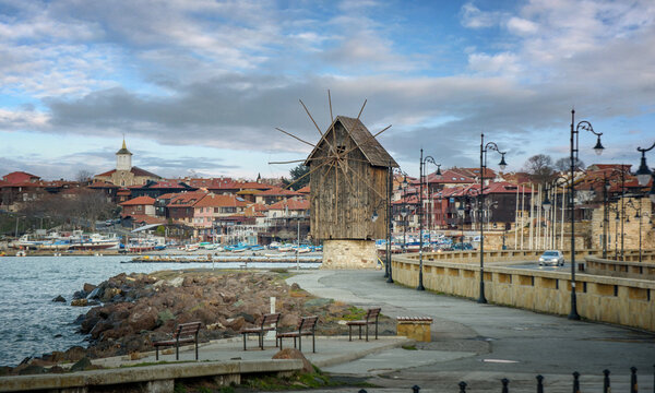 Nessebar old town in Bulgaria and old wind mill. Nesebar is one of the major seaside resorts on the Bulgarian Black Sea Coast. UNESCO heritage site