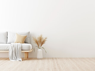 Interior wall mockup in warm neutrals with low sofa, beige pillow, plaid and dried Pampas grass in japandi style living room with empty white wall background. 3D rendering, illustration.