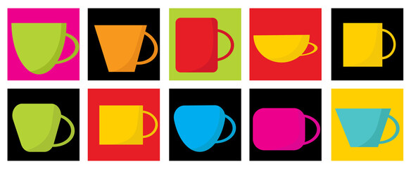 Set of cups for coffee and tea, vector drawing in cartoon style. Icons for web screensavers.