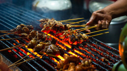 chicken and beef satay on the grill 