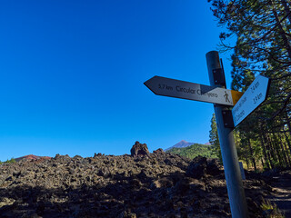 Sign post on a hiking trail showing directions