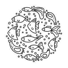 Fish doodle round illustration for poster, print, banner, card. Contour elements, cartoon design. Black hand drawn icons set. Linear flat isolated vector, white background