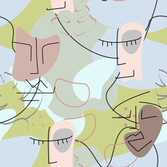 One line drawing. Abstract face seamless pattern.