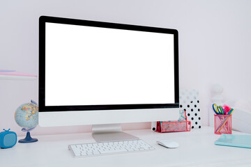 Modern Teen Room. Monitor, keyboard, mouse on desk. White screen with space for content.