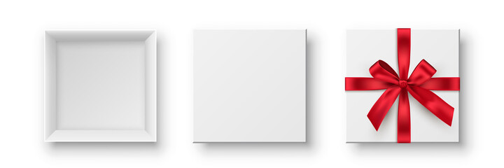 Gift box with red bow set. Blank open and closed present packaging with ribbon for Christmas, New Year, anniversary or wedding vector illustration. Festive empty package on white background