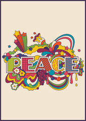 Peace Poster, Psychedelic Hippie Art Style Illustration 