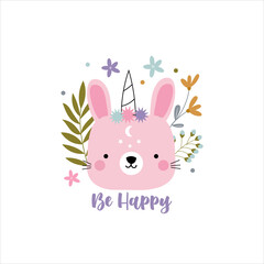 Bohemian with rabbit, flower, leaf, stars, moon and magic. Cute bunny unicorns in the Scandinavian style. Animals unicorn vector illustration for kids. Good for Baby shower, decor children's bedroom.