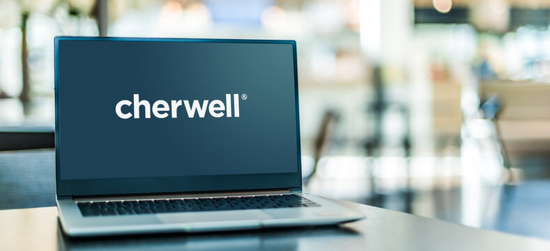 Laptop computer displaying logo of Cherwell Software