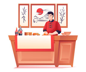 Chef cooking sushi in Japanese restaurant. Young man preparing food on counter in cafe. Asian traditional cuisine vector illustration. Modern interior design with paintings on wall