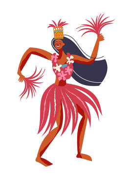 Hawaii aloha, woman dancing in traditional clothing. Tropical summer activity elements. Hawaiian beach vintage travel poster vector illustration. Young girl dancer on white background