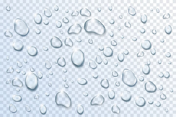 Fototapeta Water drops set on transparent background. Liquid droplets of rain and dew vector illustration. Wet clear aqua in light. Abstract pure fresh nature elements, realistic macro design obraz