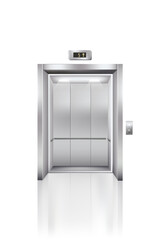Elevator doors with button and floor indicator. Lift opened in hotel or office building vector illustration. Realistic stainless steel hallway interior element on white background