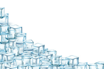 Blue ice cubes on white background. Cold frozen water in square shape vector illustration. Realistic crystal block pieces for cocktails, refrigerator. Ice cubes falling in pile frame design