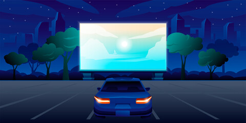 Outdoor cinema, open air movie night banner with one car. Bright screen with film outdoor theatre vector illustration. City entertainment event ad, parking lot view on cityscape © backup_studio