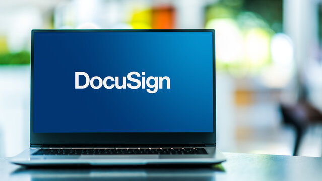Laptop computer displaying logo of DocuSign