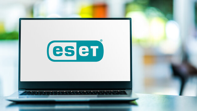 Laptop computer displaying logo of ESET