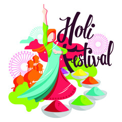 Obraz na płótnie Canvas Happy Holi festival. Indian people dance with Holi celebration background. vector illustration design