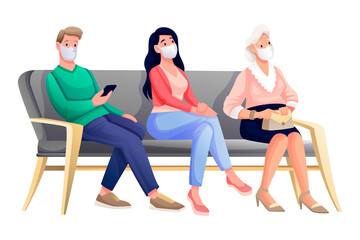 Obraz premium People waiting for appointment in queue. Women and man sitting in masks in hospital, bank or other building vector illustration. Group on grey sofa isolated on white background
