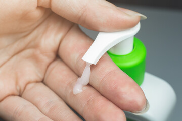 Hand soap close up. Cleaning and Disinfecting hands gel. Prevention flu and virus disease.