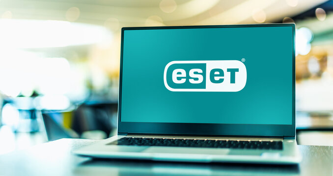 Laptop computer displaying logo of ESET