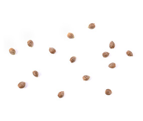 Medical cannabis sativa, Marijuana seeds isolated on white background. Top view