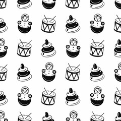 Childhood toys contour pattern. Drum, tilting doll, top. Idea for decors, ornaments, wallpapers, gifts, damask, celebrations, invitation, greeting, birthday, paper, summer holidays, children themes. 