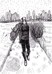 Girl walking in snowy day. Pen illustration.