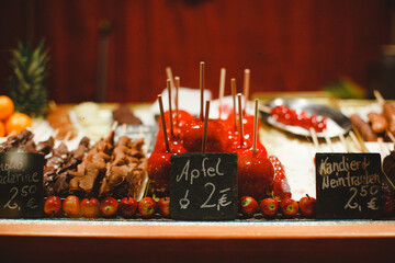 Candied apples in a Christmas market stall in Berlin.