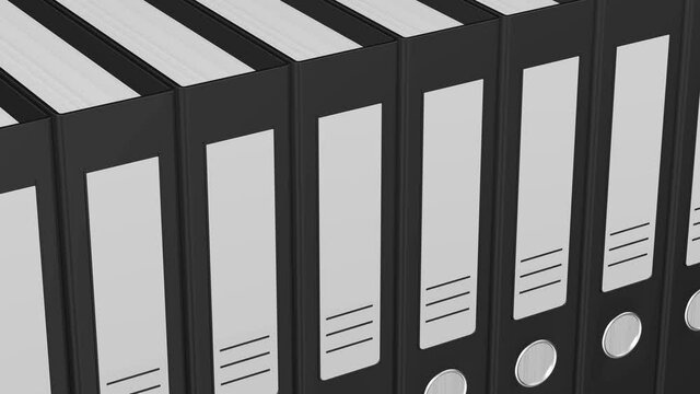 Concept: accounting. Black folders with papers move. Loopable. 3D rendering.