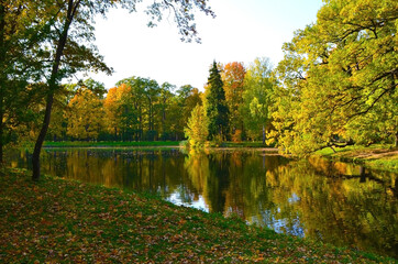 Golden autumn in in Catherine park, Tsarskoye Selo (Pushkin), neighborhood of Saint-Petersburg,...
