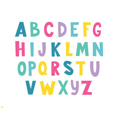 Kids colourful alphabet in hand drawn style. Vector alphabet for your banners or invitations.