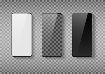 Set of realistic mobile phone mock-up. Smartphone frame front view empty display. Isolated graphic vector.