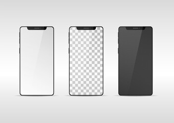 Set of realistic mobile phone mock-up. Smartphone frame front view empty display. Isolated graphic vector.