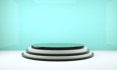 3d rendering studio with geometric shapes, podium on the floor. Platforms for product presentation, mock up background.