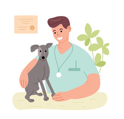 Veterinarian in the office with a dog. The profession is a veterinarian. Vet clinic. Man heals animals. Vector flat illustration