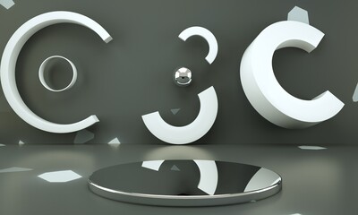 3d rendering studio with geometric shapes, podium on the floor. Platforms for product presentation, mock up background.
