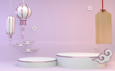 Abstract white and purple japanese Podium modern geometric .3D rendering