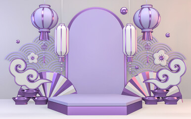 Abstract white and purple japanese Podium modern geometric .3D rendering