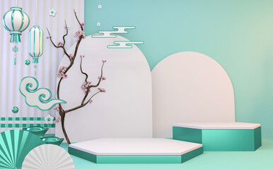 The Mock up mint Podium for product display minimal geometric design.3D rendering