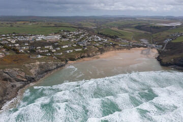 Aerial photograph of Mawgan Porth Beach, Near Newquay, Cornwall, England 