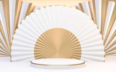 The Mock up white and gold Podium for product display minimal geometric design.3D rendering