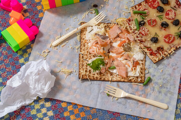 Leftover Matzah Sandwiches after children's fest. Pesach food.