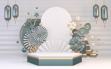 silver Abstract Podium minimal geometric white and gold.3D rendering