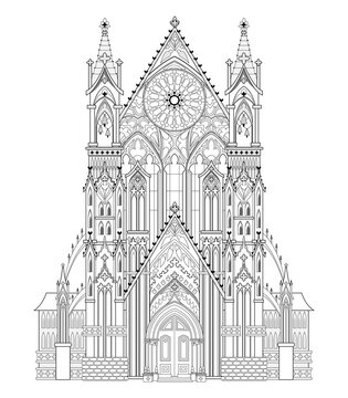 Fantasy drawing of Gothic castle. Medieval architecture in Western Europe. Black and white page for coloring book. Worksheet for children and adults. Vector illustration of Christian cathedral.