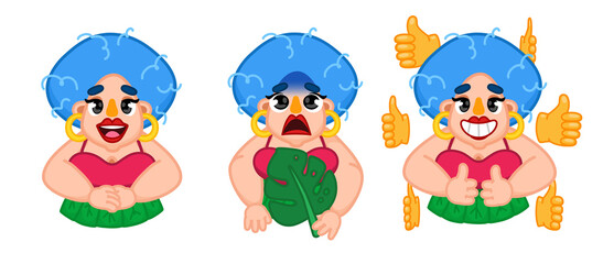 Vector set. Sticker girl in a tropical outfit. Different types of emotions.