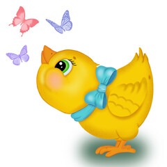 chicken with a blue bow