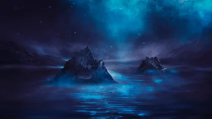 Foto auf Glas Futuristische Nachtlandschaft mit abstrakter Landschaft und Insel, Mondlicht, Glanz. Dunkle natürliche Szene mit Lichtreflexion im Wasser, neonblaues Licht. Dunkler Neonkreishintergrund. © MiaStendal