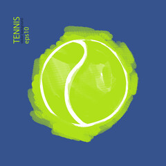 Abstract yellow tennis ball on blue background. Sport element for design poster, cover, flyer, t-shirt. Hand drawing, logo.