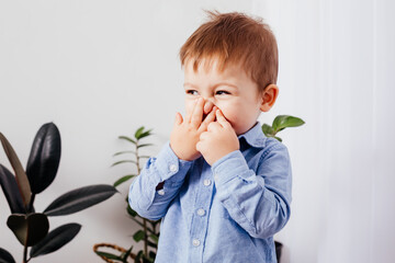 the shy little boy covers his face with his hands