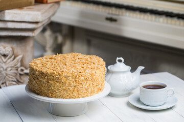 Napoleon cake and tea in restaurant